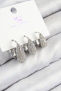 Pirinç Zirkon Taşlı 3'lü Damla Model Gümüş Renk Kadın Küpe - TJ-BKP11125
