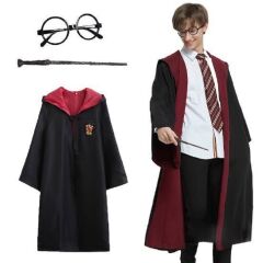 Harry Potter Gryffindor Kapişonlu Çocuk Kostüm + Asa + Yeni Gözlük 3 Parça Set