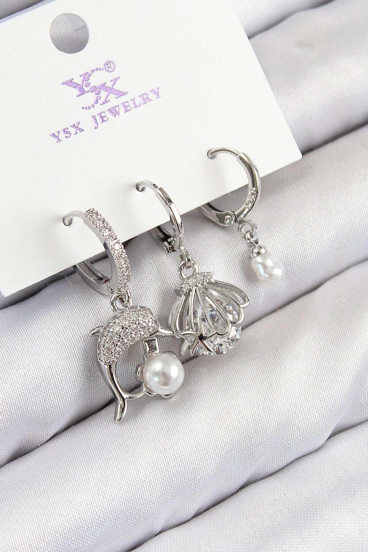 Pirinç Zirkon Taşlı 3'lü Yunus Balığı Ve İstiridye Model Gümüş Renk Kadın Küpe - TJ-BKP11127