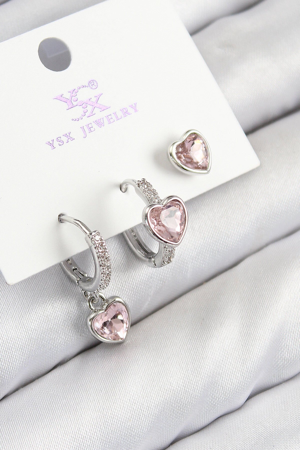Pirinç Zirkon Taşlı 3'lü Pembe Kalp Model Gümüş Renk Kadın Küpe - TJ-BKP11128