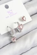 Pirinç Zirkon Taşlı 3'lü Pembe Kalp Model Gümüş Renk Kadın Küpe - TJ-BKP11128