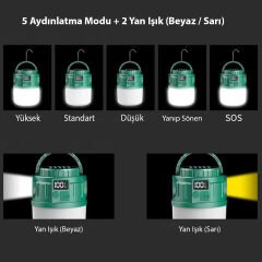 24 LED 5 AYDINLATMA MODU + 2 YAN IŞIK (BEYAZ / SARI) 1200 MAH SOLAR KAMP LAMBASI V65-3 (4944)