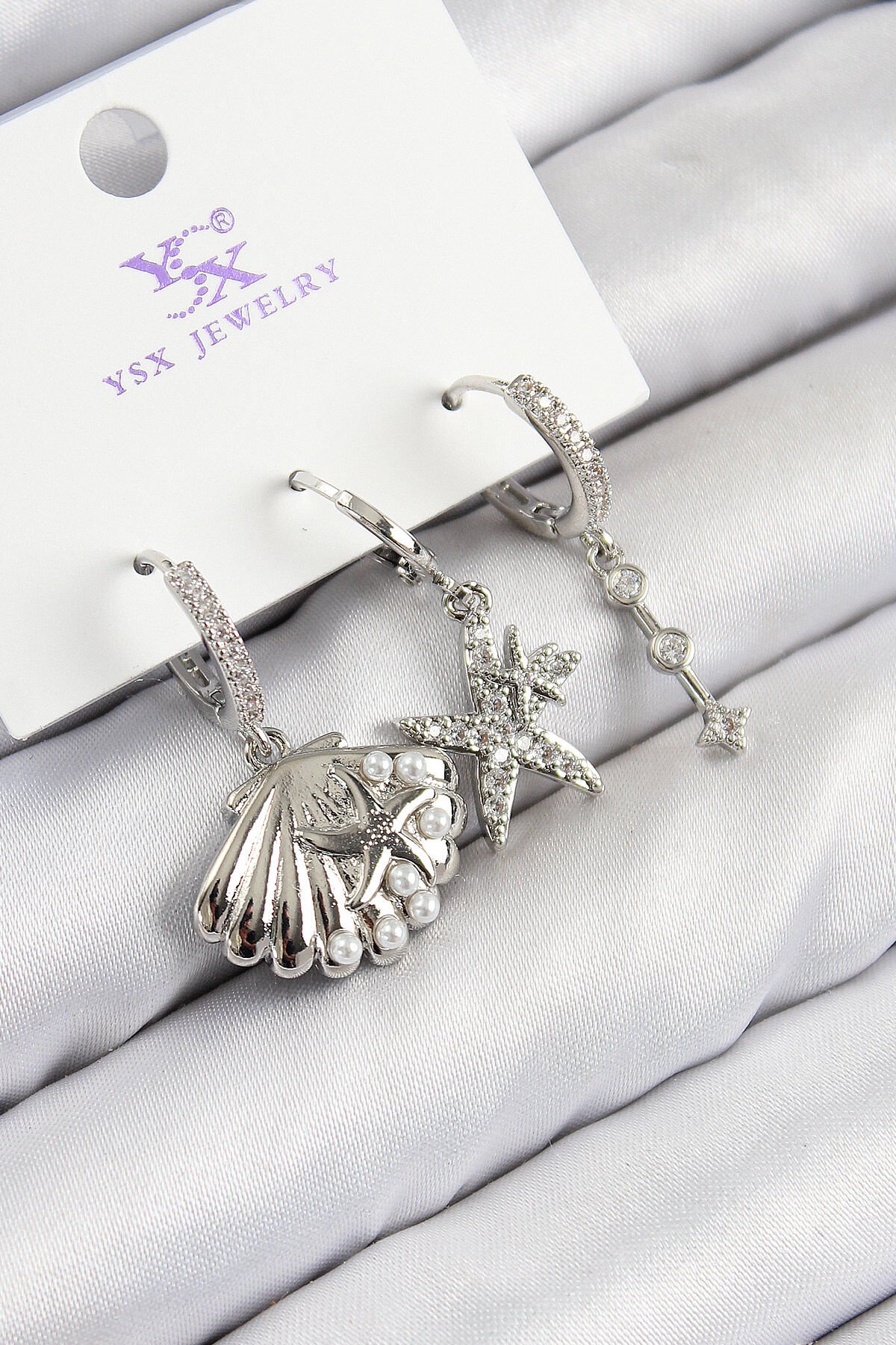 Pirinç Zirkon Taşlı 3'lü Yıldız Ve İstiridye Model Gümüş Renk Kadın Küpe - TJ-BKP11131