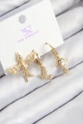 Pirinç Zirkon Taşlı 3'lü Kuş Model Gold Renk Kadın Küpe - TJ-BKP11133