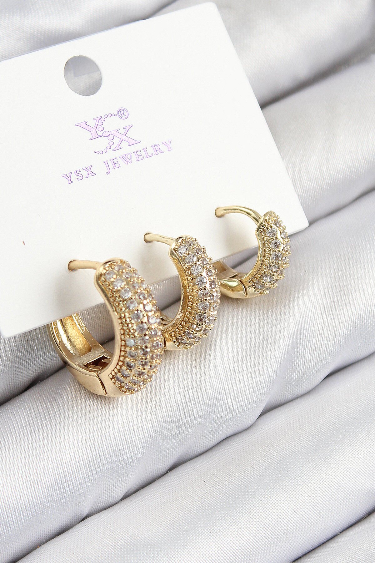 Pirinç Zirkon Taşlı 3'lü Halka Model Gold Renk Kadın Küpe - TJ-BKP11134