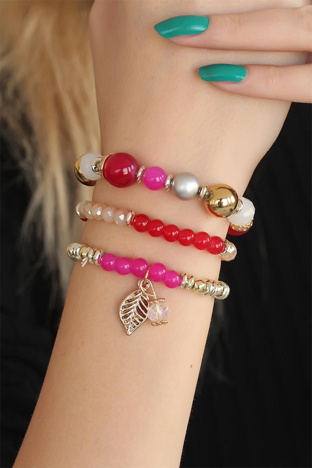Kırmızı Pembe Boncuklu Bayan Bileklik - TJ-BB2649-KS