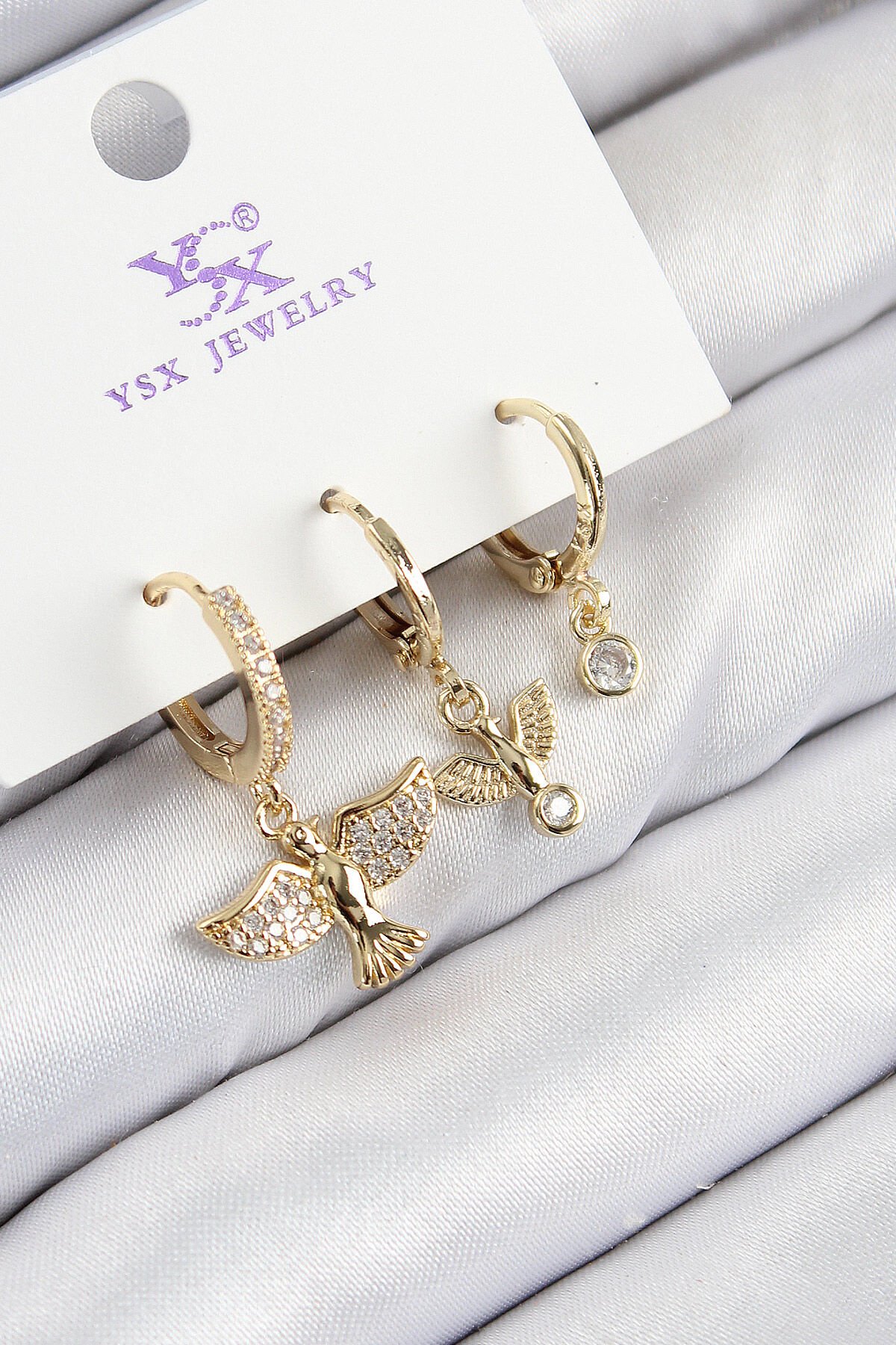 Pirinç Zirkon Taşlı 3'lü Kuş Model Gold Renk Kadın Küpe - TJ-BKP11140