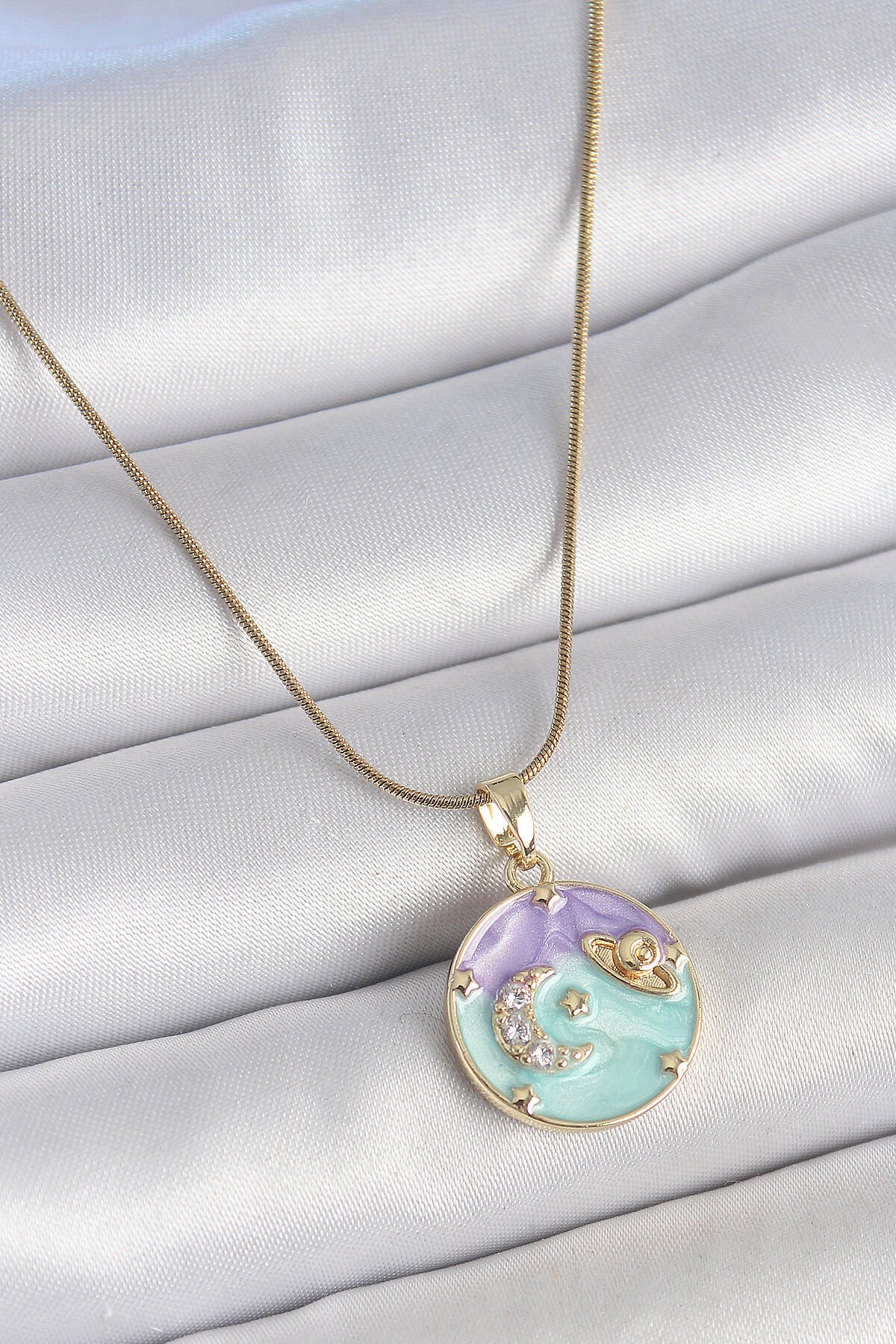 316L Çelik Gold Renk Zincir Çifr Renk Zirkon Taşlı Hilal İşlemeli Yıldız Detay Madalyon Model Kadın Kolye - TJ-BKO10132