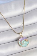 316L Çelik Gold Renk Zincir Çifr Renk Zirkon Taşlı Hilal İşlemeli Yıldız Detay Madalyon Model Kadın Kolye - TJ-BKO10132