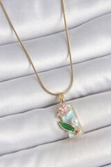 316L Çelik Gold Renk Zincir Mavi Mineli Pembe Çiçek İşlemeli İnci Detay Dikdörtgen Portre Model Kadın Kolye - TJ-BKO10136