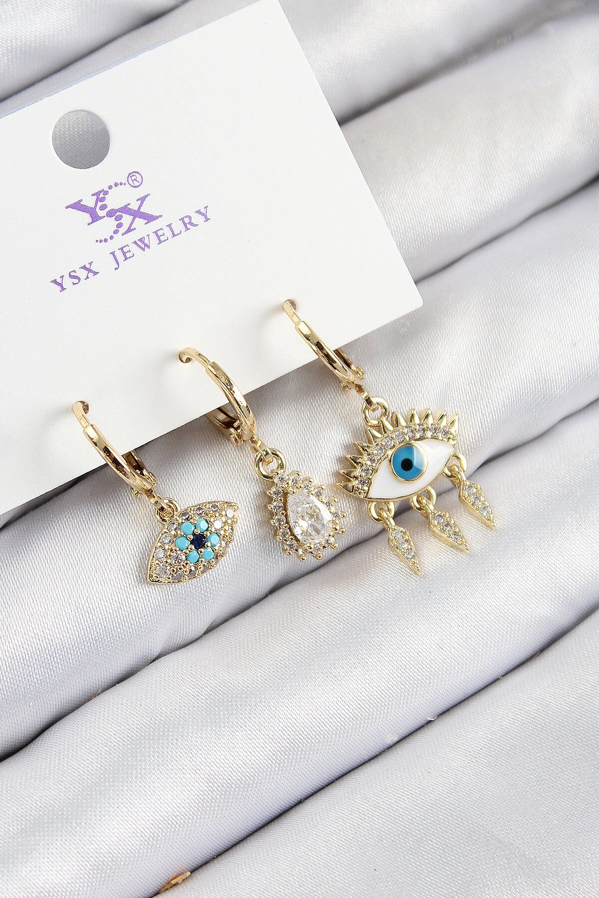 Pirinç Zirkon Taşlı 3'lü Fatma'nın Gözü Model Gold Renk Kadın Küpe - TJ-BKP11146