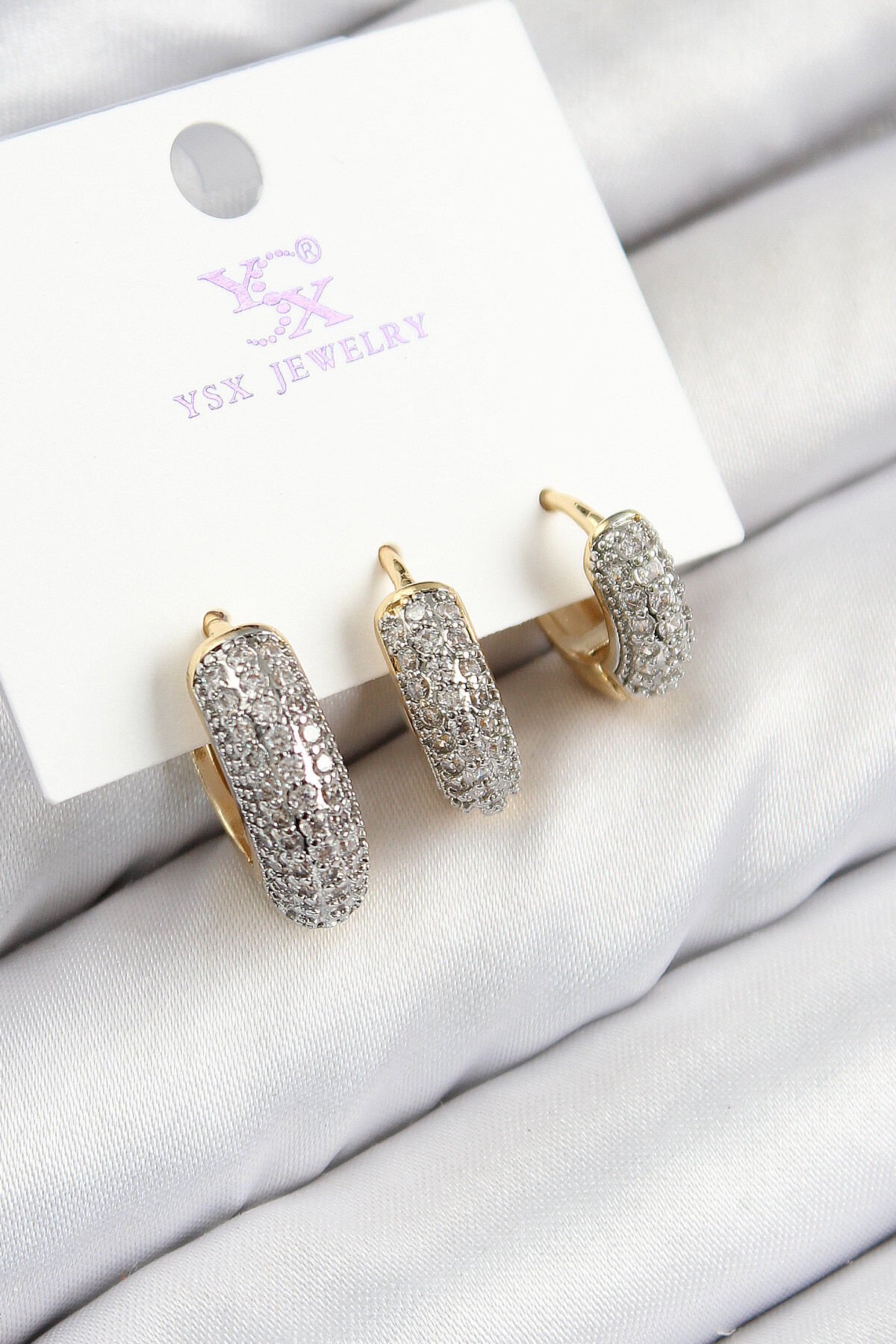 Pirinç Zirkon Taşlı 3'lü Halka Model Gold Ve Gümüş Renk Kadın Küpe - TJ-BKP11148