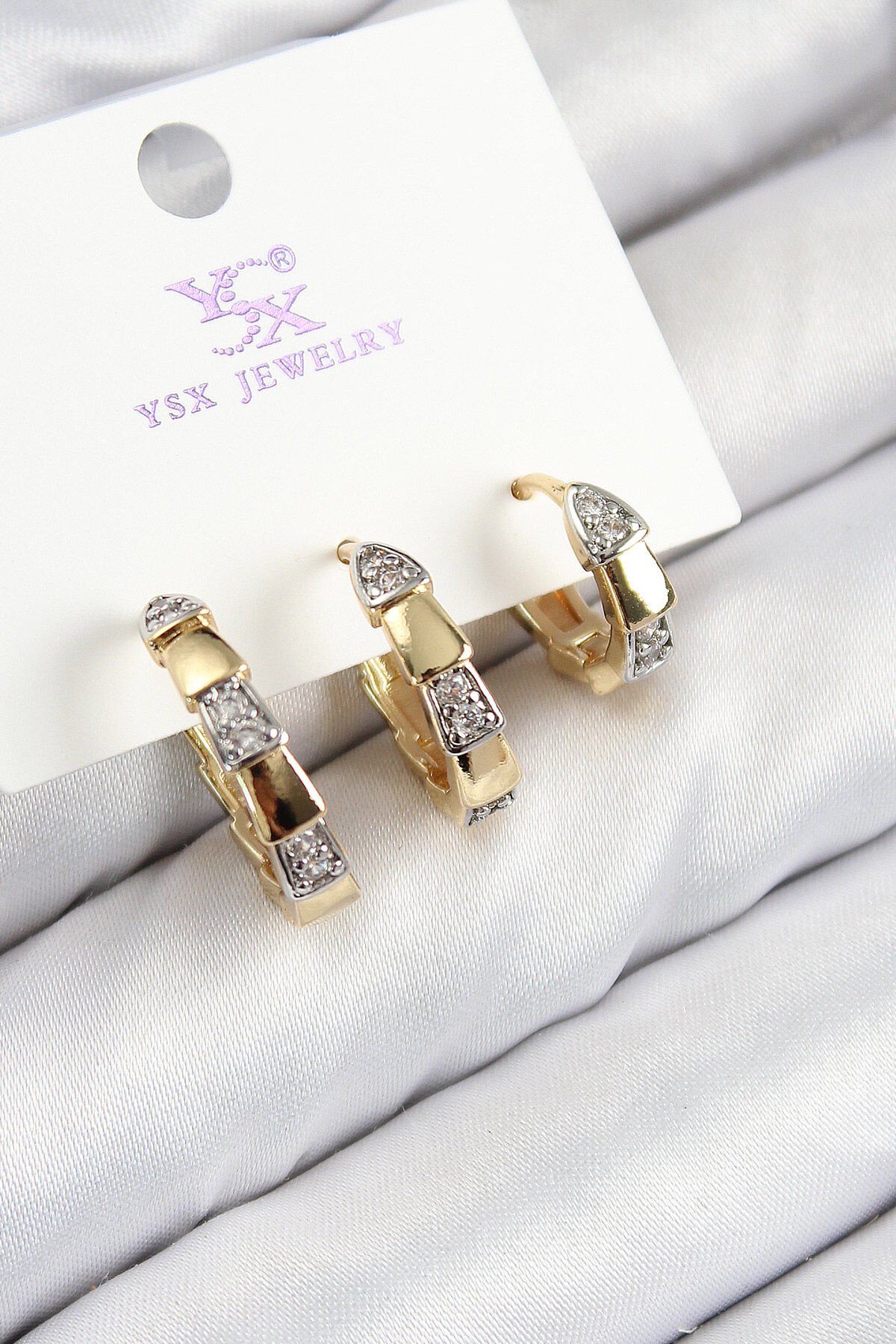 Pirinç Zirkon Taşlı 3'lü Halka Model Gold Ve Gümüş Renk Kadın Küpe - TJ-BKP11151