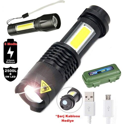 2500 Lumens + 5W COB LED USB Lion Şarjlı Ultra Güçlü Q5 XPE Su Geçirmez Şarjlı El Feneri (4944)