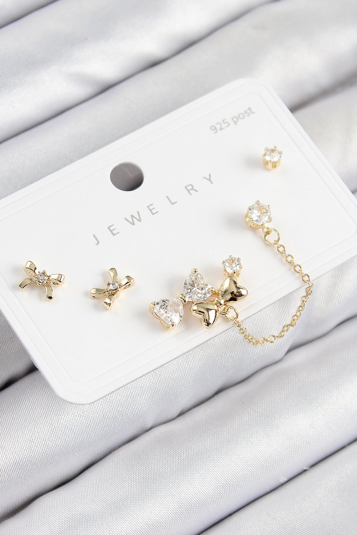 Pirinç Zirkon Taşlı Fiyonk Model Gold Renk 925 Ayar Gümüş Çivi Kadın Küpe Set - TJ-BKP11156