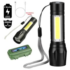 Su Geçirmez Şarjlı El Feneri 2500 Lumens + 5W COB LED USB Lion Şarjlı Ultra Güçlü Q5 XPE (4944)