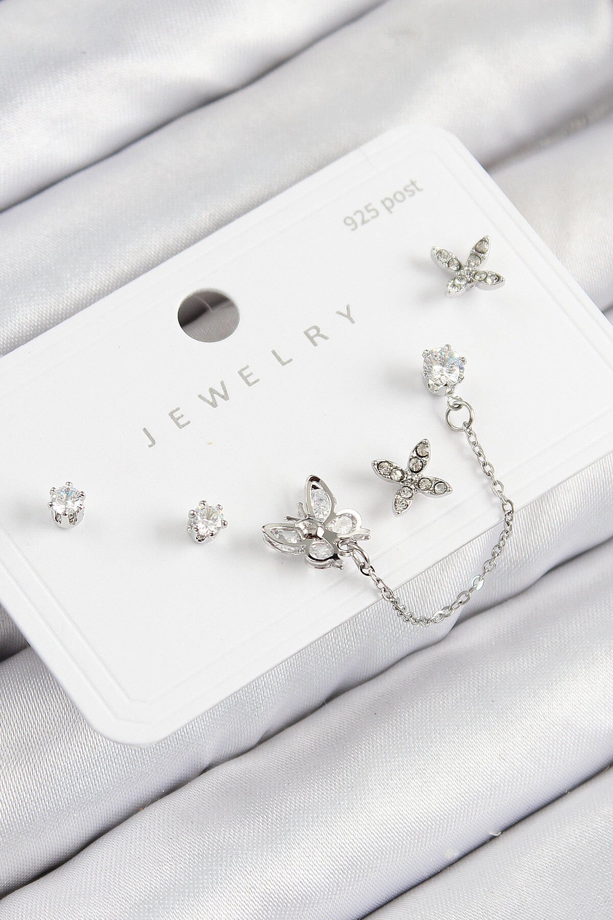 Pirinç Zirkon Taşlı Kelebek Model Gümüş Renk 925 Ayar Gümüş Çivi Kadın Küpe Set - TJ-BKP11159