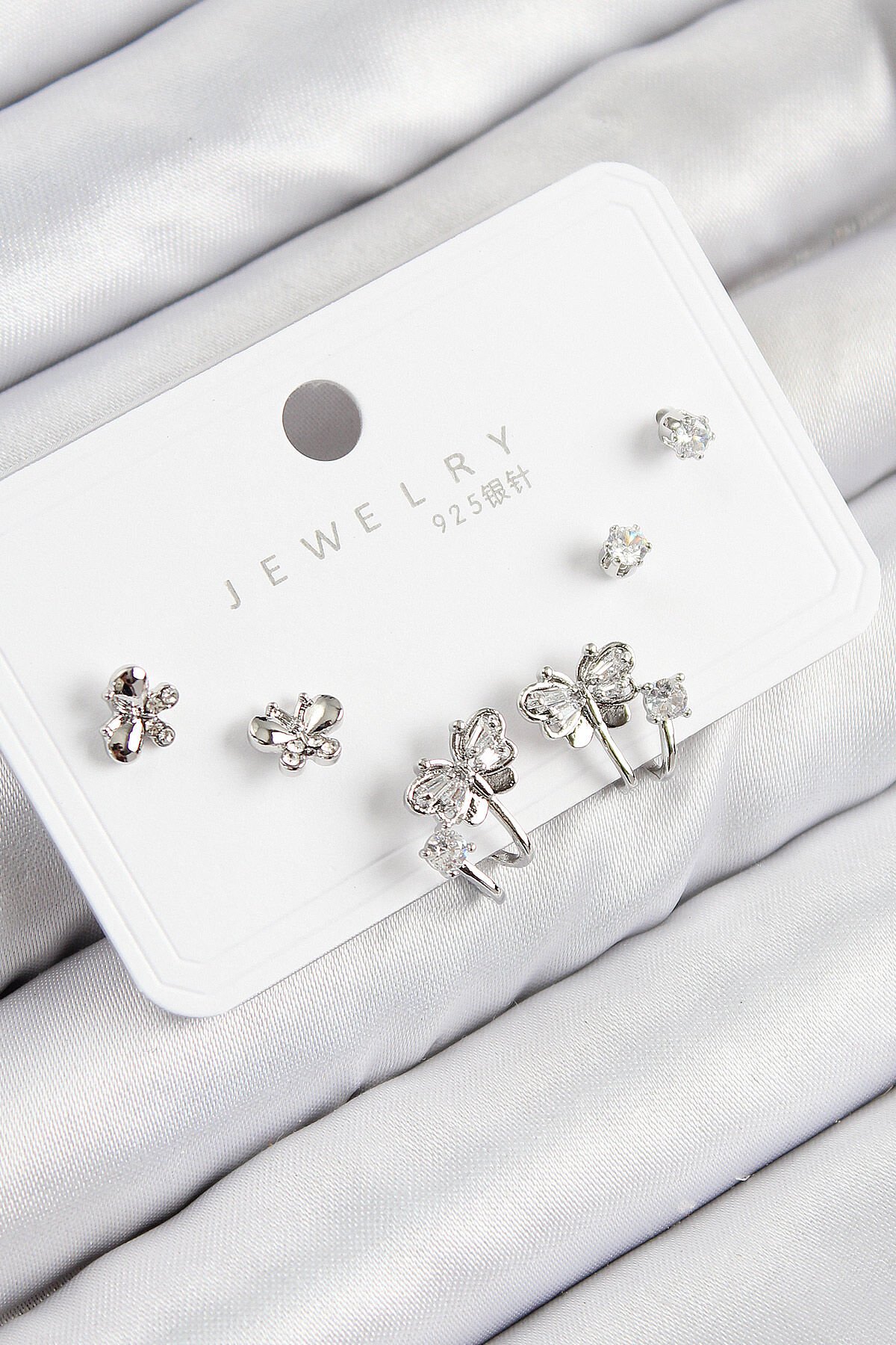 Pirinç Zirkon Taşlı Kelebek Model Gümüş Renk 925 Ayar Gümüş Çivi Kadın Küpe Set - TJ-BKP11163