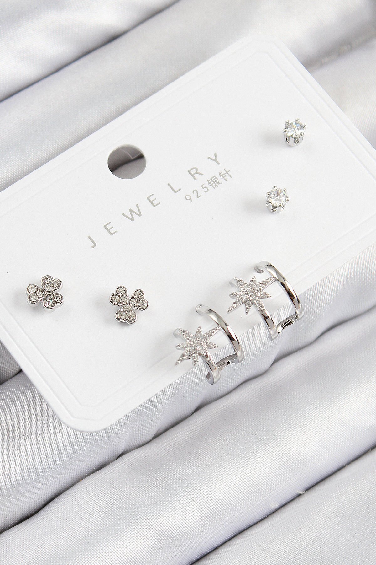 Pirinç Zirkon Taşlı Kutup Yıldızı Model Gümüş Renk 925 Ayar Gümüş Çivi Kadın Küpe Set - TJ-BKP11167