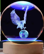 Dekoratif KARTAL Tasarımlı Ahşap altlıklı Işıklı Cam Küre Büyük Boy Cam:8cm Ahşap:2cm