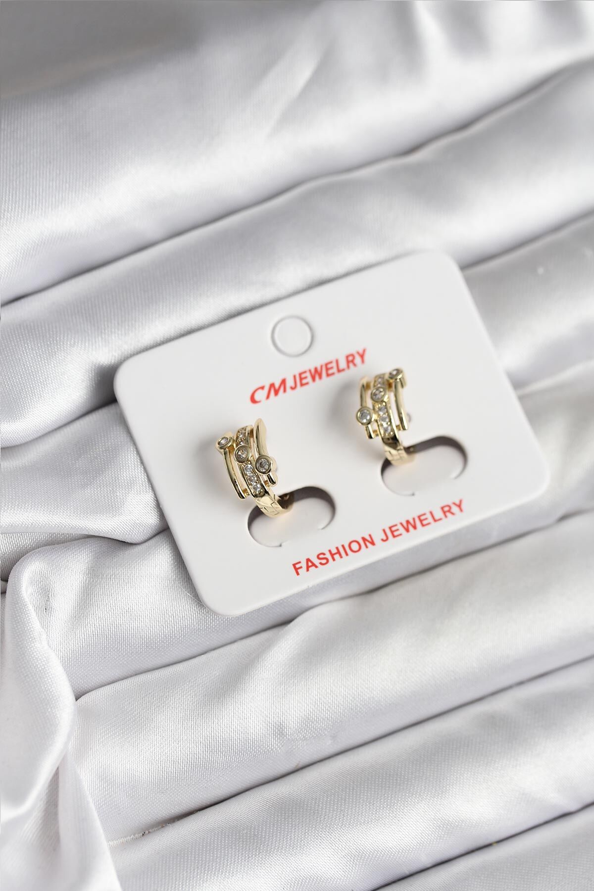 14K Gold Renk Kaplama Yarım Halka Zirkon Taşlı CM Kadın Küpe - TJ-BKP11417