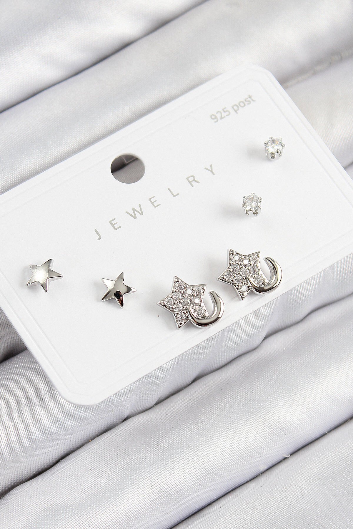 Pirinç Zirkon Taşlı Yıldız Model Gümüş Renk 925 Ayar Gümüş Çivi Kadın Küpe Set - TJ-BKP11177