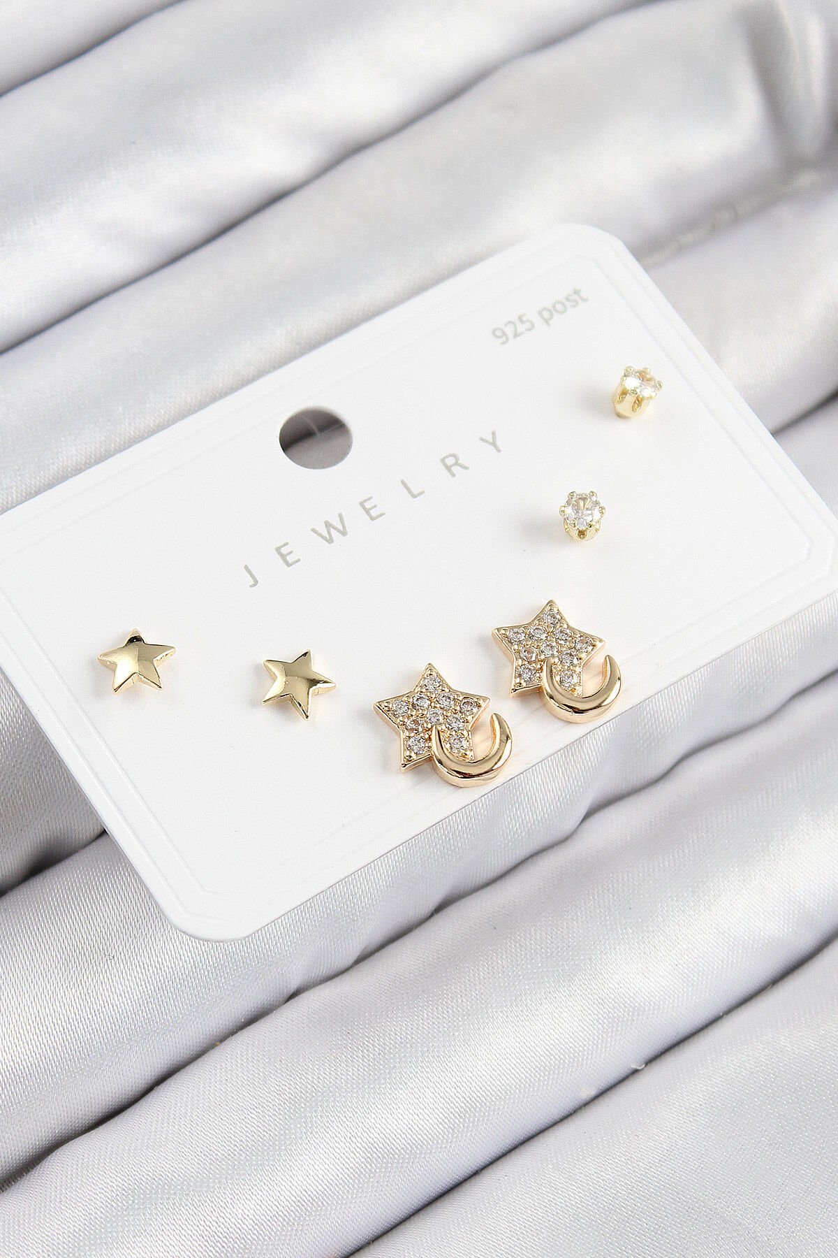 Pirinç Zirkon Taşlı Yıldız Model Gold Renk 925 Ayar Gümüş Çivi Kadın Küpe Set - TJ-BKP11178