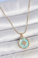 316L Çelik Gold Renk Zincir Mavi Mineli Zirkon Taşlı Kuzey Yıldız İşlemli Madalyon Model Kadın Kolye - TJ-BKO10171