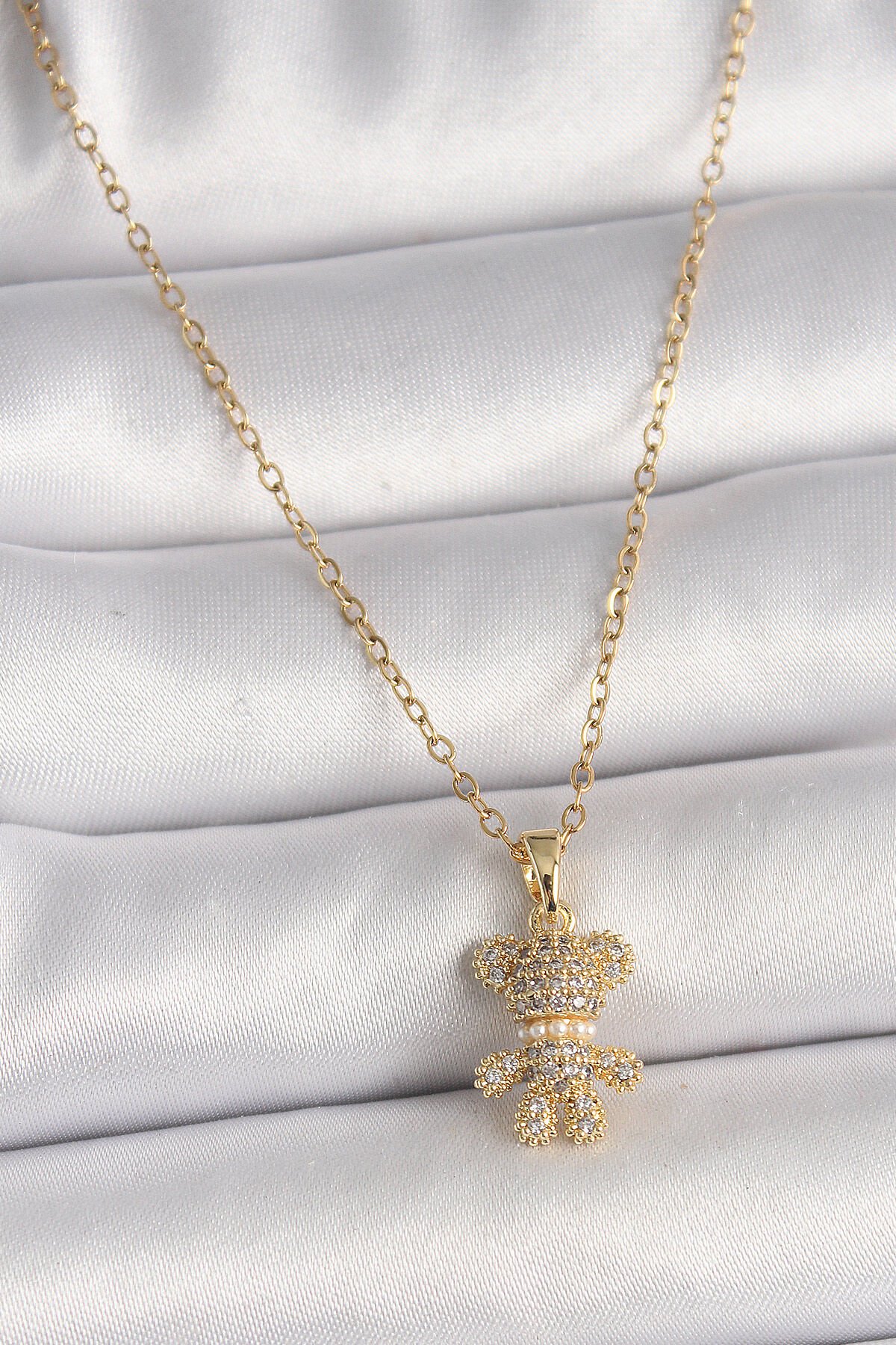 316L Çelik Gold Renk Zincir Zirkon Taşlı Ayıcık Figür Kadın Kolye - TJ-BKO9810