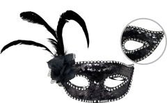Siyah Renk Yandan Tüylü Güllü Gümüş Taşlı Pullu Maske 20x22 cm (4944)