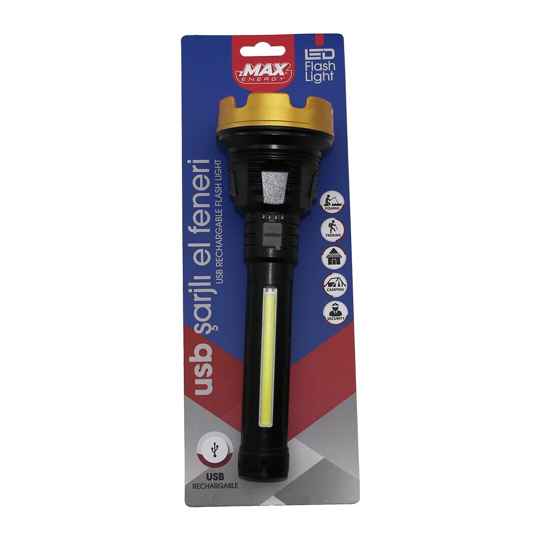 BÜYÜK=24CM 2İN1= OSL LED - COB LED USB ŞARJLI EL FENERİ 3-KADEME IŞIK - FLAŞÖR ŞARJ GÖSTERGE (4944)