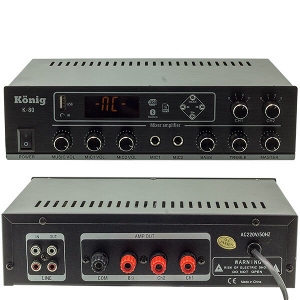 KÖNİG K-80 MİNİ-80W 100V/70V/4-16 OHM USB/SD/BLUETOOTH/2 BÖLGELİ 2 MİK.GİRİŞ TRAFOLU ANFİ (4944)
