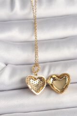 316L Çelik Gold Renk Zincir Zirkon Taşlı Açılır Kalp Model Kadın Kolye - TJ-BKO9812
