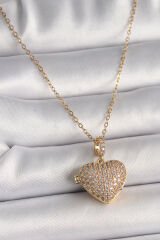 316L Çelik Gold Renk Zincir Zirkon Taşlı Açılır Kalp Model Kadın Kolye - TJ-BKO9812