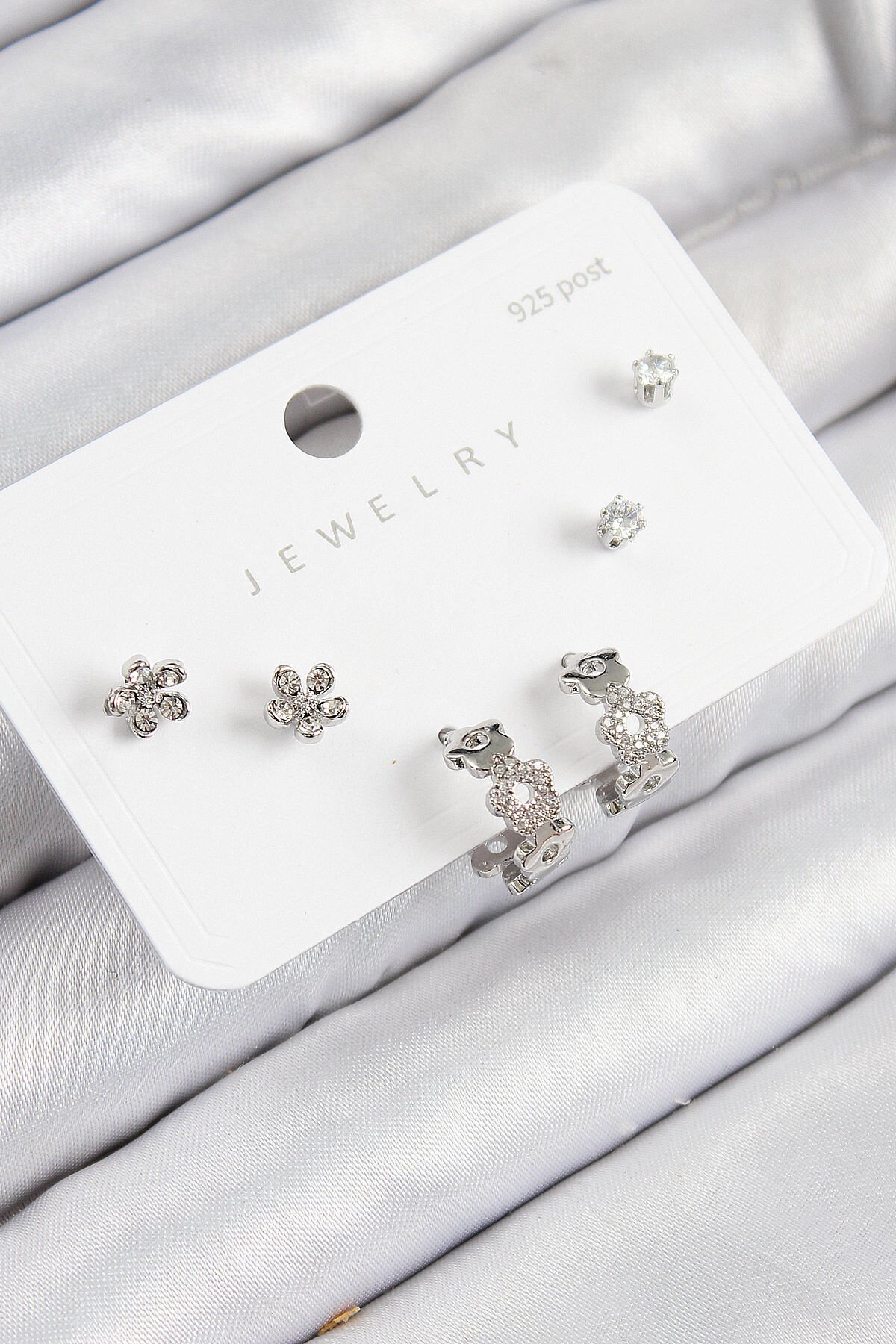 Pirinç Zirkon Taşlı Halka Model Gümüş Renk 925 Ayar Gümüş Çivi Kadın Küpe Set - TJ-BKP11185