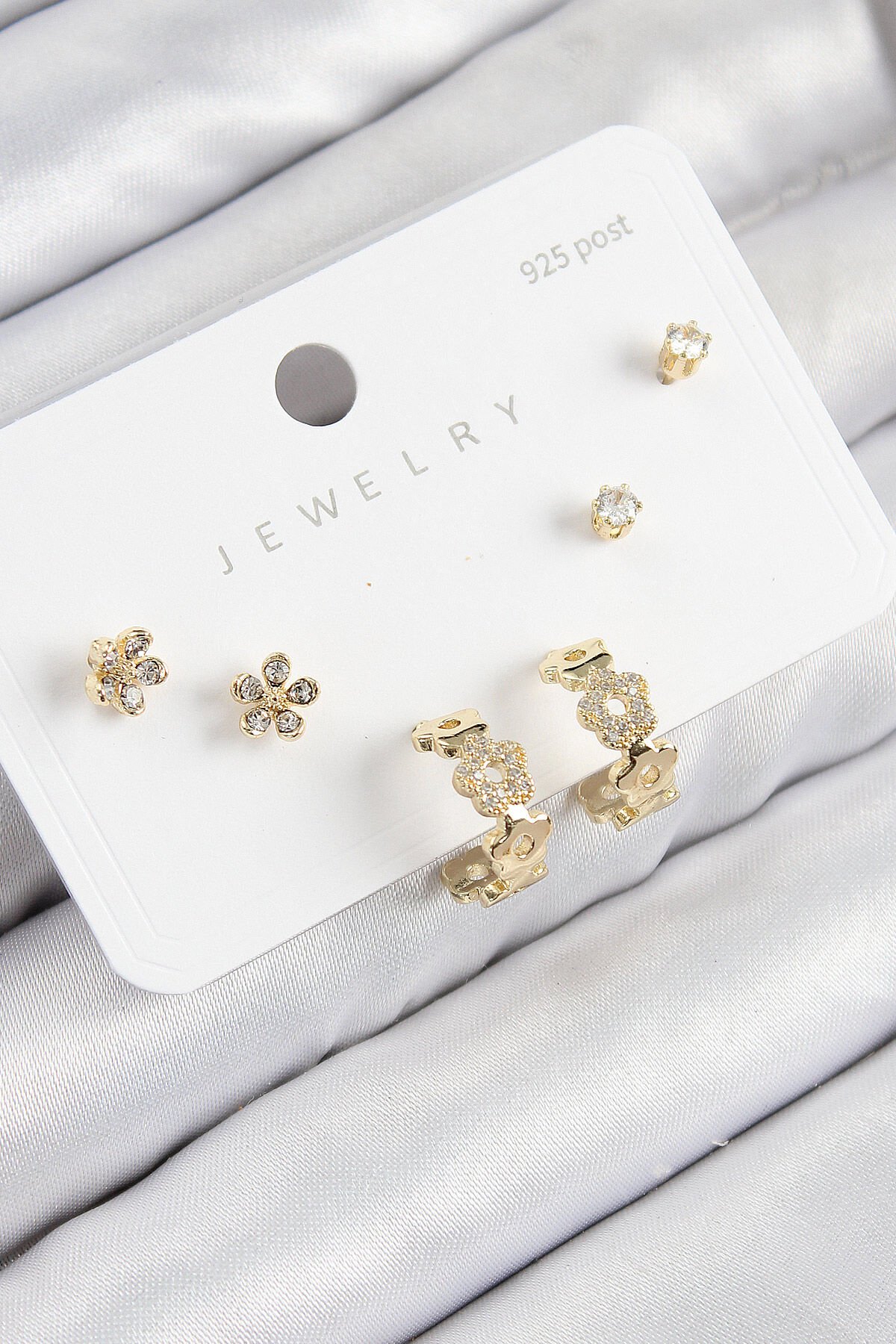 Pirinç Zirkon Taşlı Halka Model Gold Renk 925 Ayar Gümüş Çivi Kadın Küpe Set - TJ-BKP11186