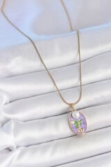 316L Çelik Gold Renk Zincir Mor Mineli Oval İncili Çiçek İşlemeli Portre Model Kadın Kolye - TJ-BKO10177