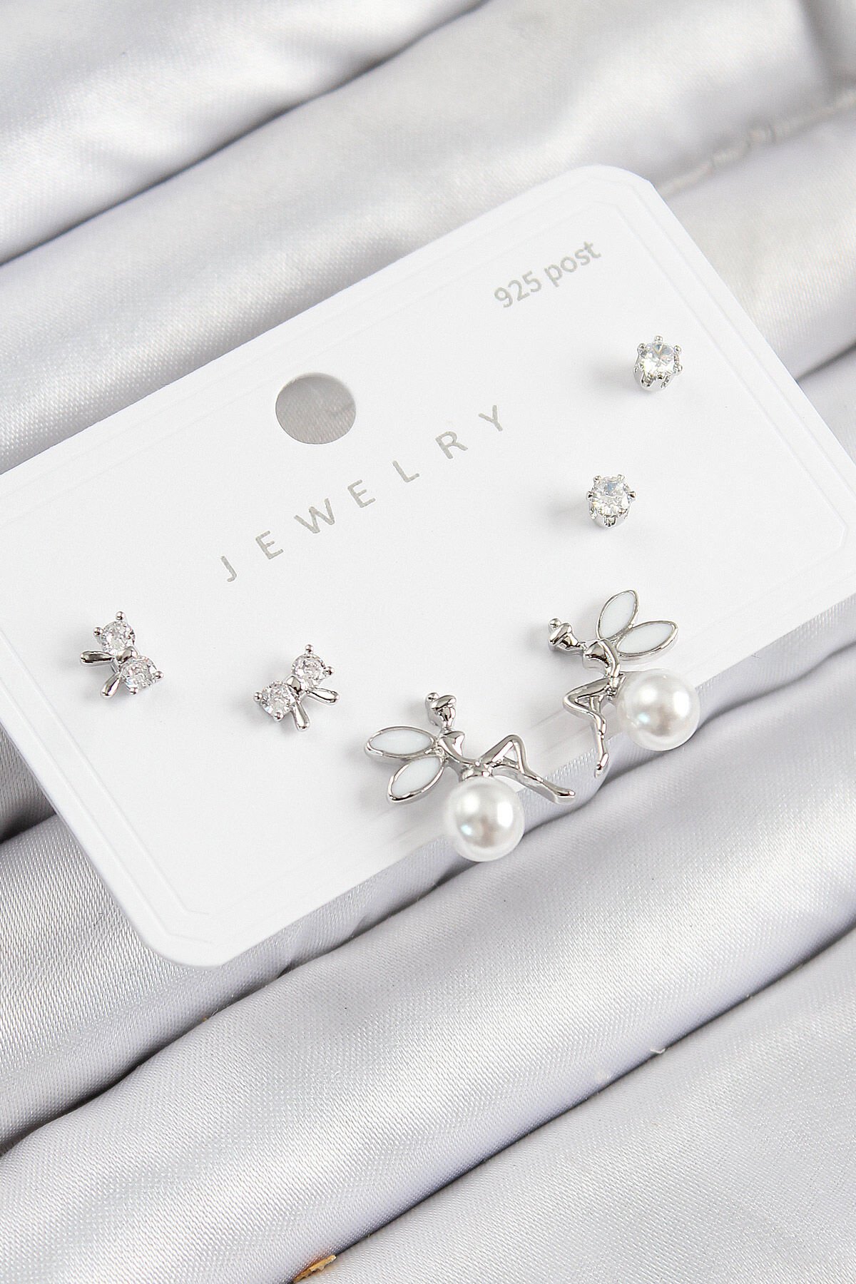 Pirinç Zirkon Taşlı İnci Melek Model Gümüş Renk 925 Ayar Gümüş Çivi Kadın Küpe Set - TJ-BKP11187