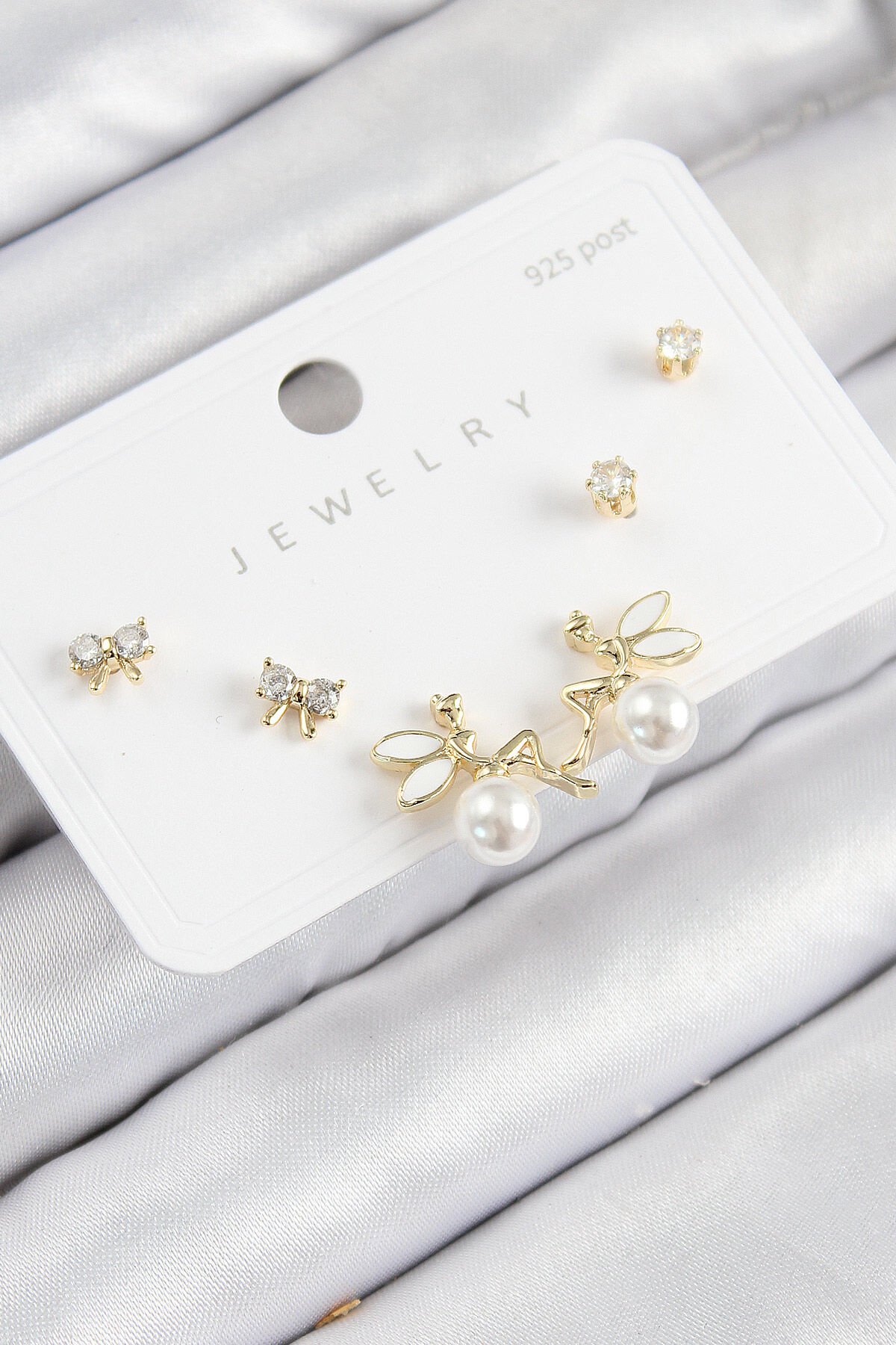 Pirinç Zirkon Taşlı İnci Melek Model Gold Renk 925 Ayar Gümüş Çivi Kadın Küpe Set - TJ-BKP11188