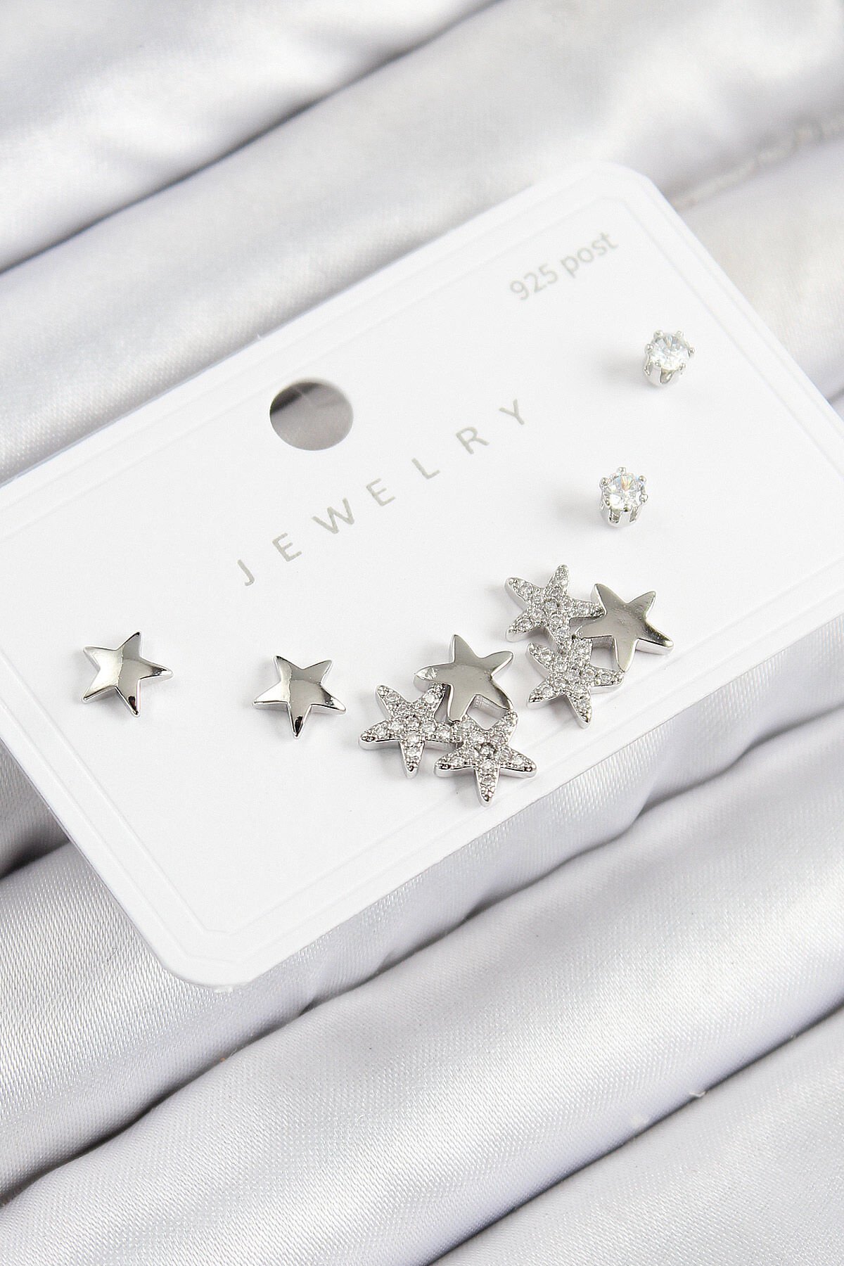 Pirinç Zirkon Taşlı Yıldız Model Gümüş Renk 925 Ayar Gümüş Çivi Kadın Küpe Set - TJ-BKP11189