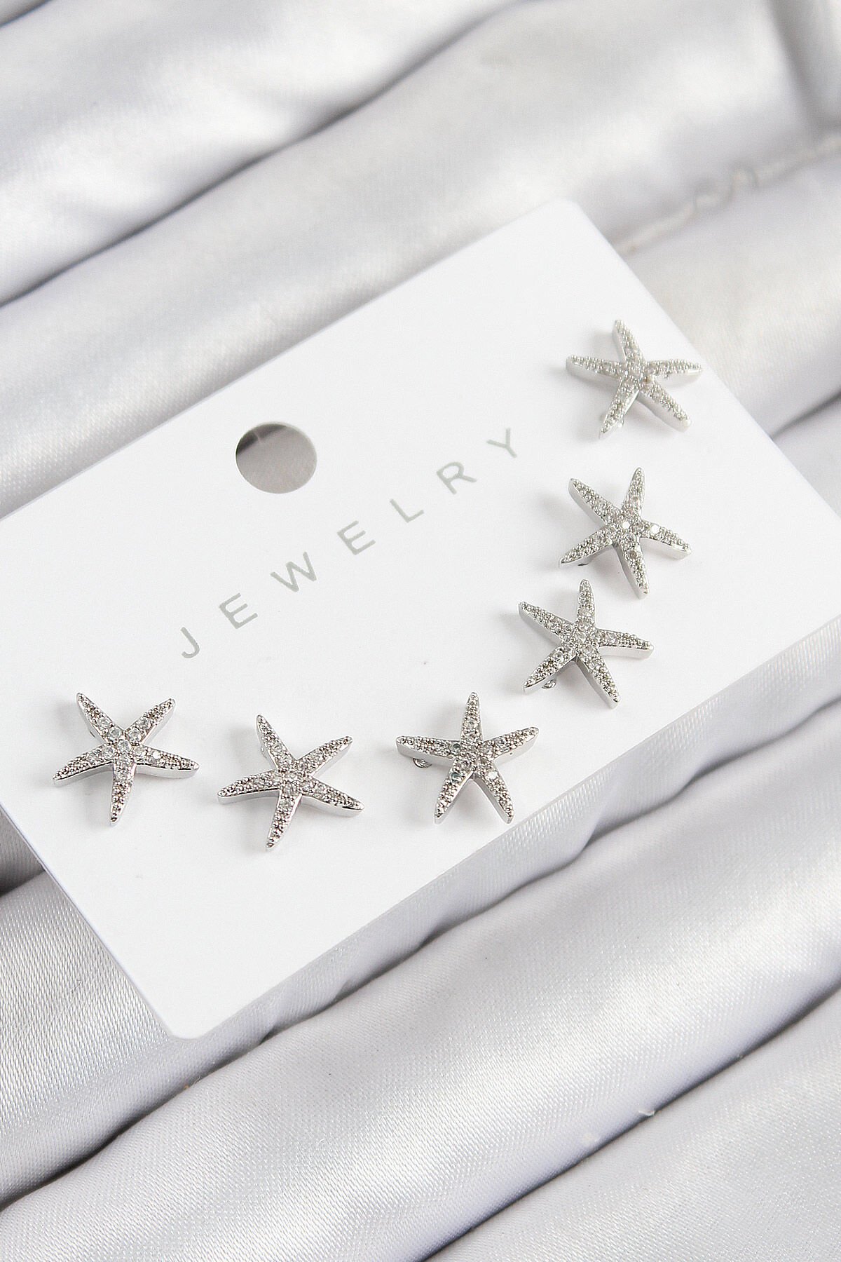 Pirinç Zirkon Taşlı Deniz Yıldızı Model Gümüş Renk 925 Ayar Gümüş Çivi Kadın Küpe Set - TJ-BKP11191