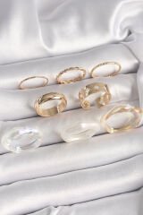 Pirinç Gold Renk Beyaz Akrilik Plastik Modek Kutup Yıldız İşleme Detay Kadın Yüzük Kombini - TJ-BYK3666