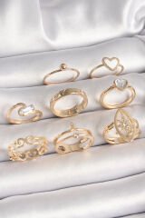 Pirinç Gold Renk Zirkon Taşlı Kalp Model Kutup Yıldız Detay Kadın Yüzük Kombini - TJ-BYK3667