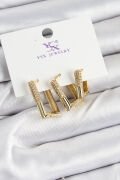 Pirinç Zİrkon Taşlı Dikdörtgen Model Gold Renk 3'lü Kadın Küpe - TJ-BKP10935