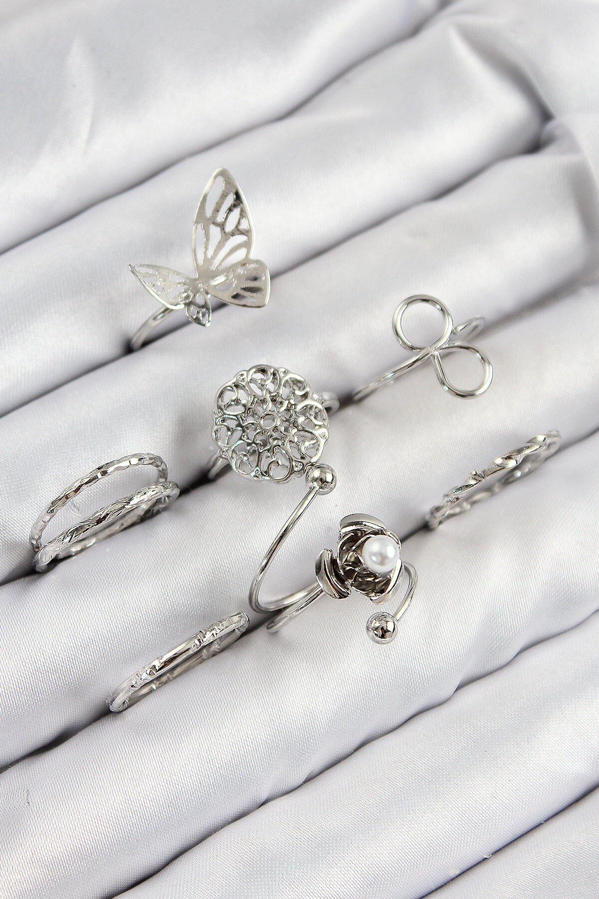 Pirinç Gül Kelebek Model Gümüş Renk Kadın Yüzük Kombin Set - TJ-BYK3810