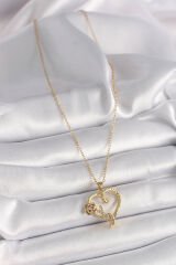 316L Çelik Gold Renk Zincir Zirkon Taş Detaylı Kalp Figür Gül Detay Kadın Kolye - TJ-BKO9656
