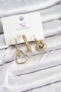 Pirinç Zİrkon Taşlı Kalp Model Gold Renk 3'lü Kadın Küpe - TJ-BKP10936
