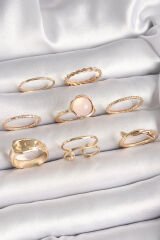 Pirinç Gold Renk Pembe Mineli Kemer Model Kadın Yüzük Kombini - TJ-BYK3669