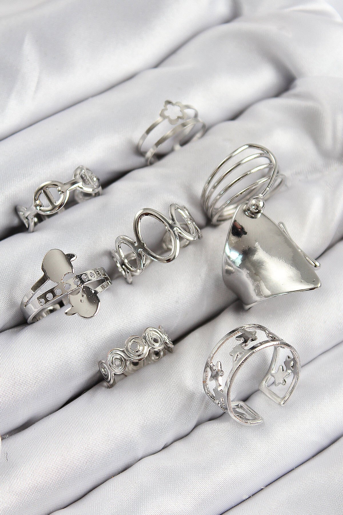 Pirinç Sarmal Ve Yıldız Model Gümüş Renk Kadın Yüzük Kombin Set - TJ-BYK3812