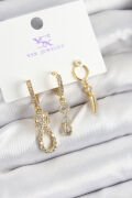 Pirinç Zİrkon Taşlı Sallantılı Model Gold Renk 3'lü Kadın Küpe - TJ-BKP10939